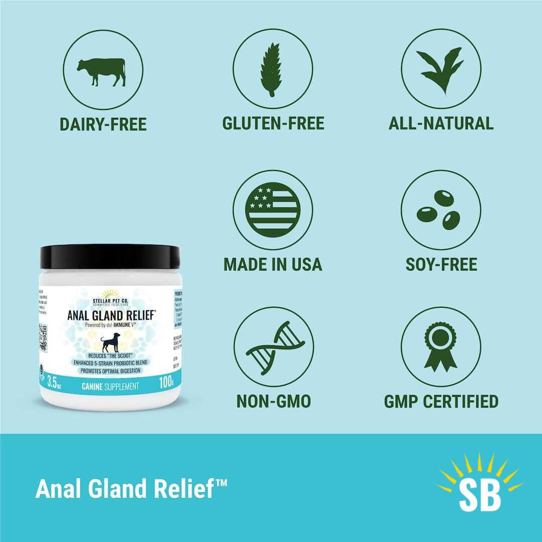 Anal Gland Relief is All-Natural, Dairy-Free, Non-GMO, Gluten-Free, Soy-Free, GMP Certified, Made in USA