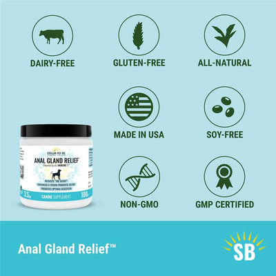 Anal Gland Relief is All-Natural, Dairy-Free, Non-GMO, Gluten-Free, Soy-Free, GMP Certified, Made in USA