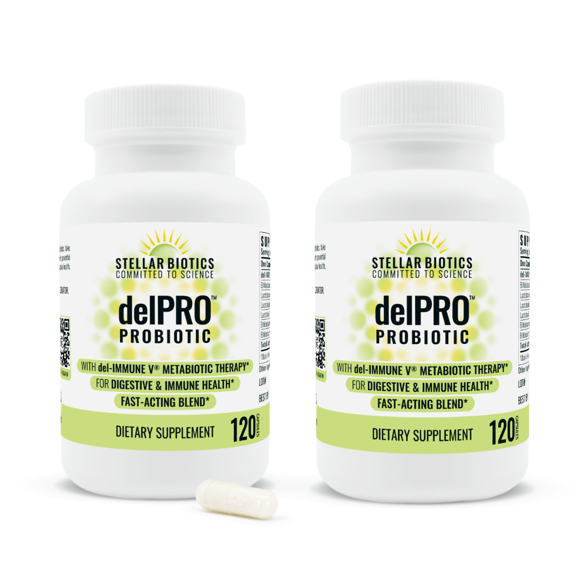 Restore bundle contains two 120-capsule bottles of the metabiotic-infused probiotic, delPRO™
