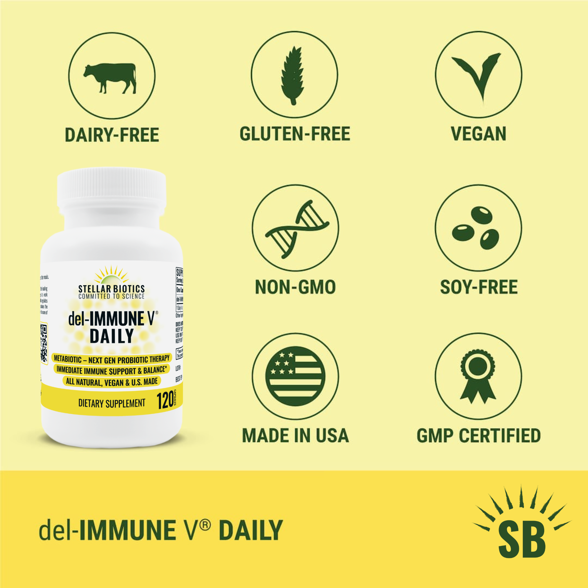 del-IMMUNE V® DAILY is All-Natural, Non-GMO, Dairy-Free, Gluten-Free, Soy-Free, GMP Certified, Made in USA