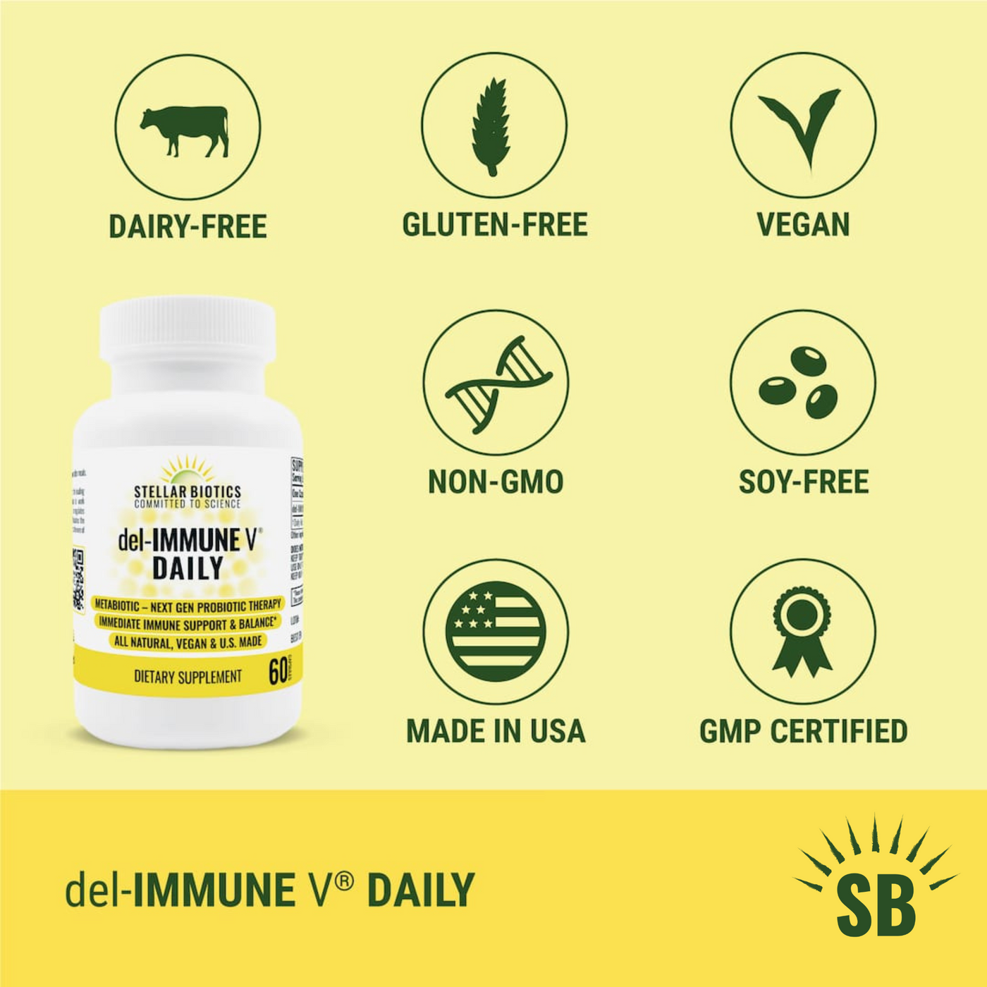 del-IMMUNE V® DAILY is All-Natural, Non-GMO, Dairy-Free, Gluten-Free, Soy-Free, GMP Certified, Made in USA