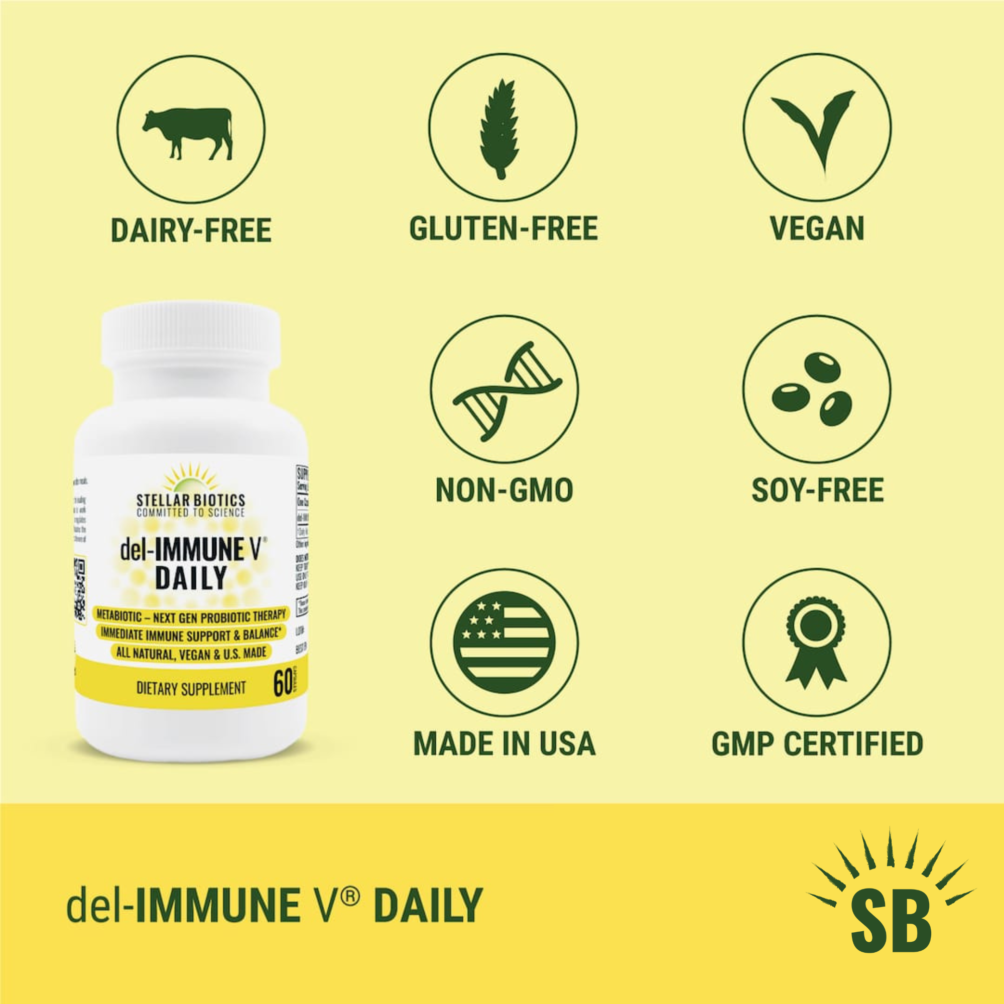 del immune v daily is vegan, Non-GMO, Dairy-Free, Gluten-Free, Soy-Free, GMP Certified, Made in USA