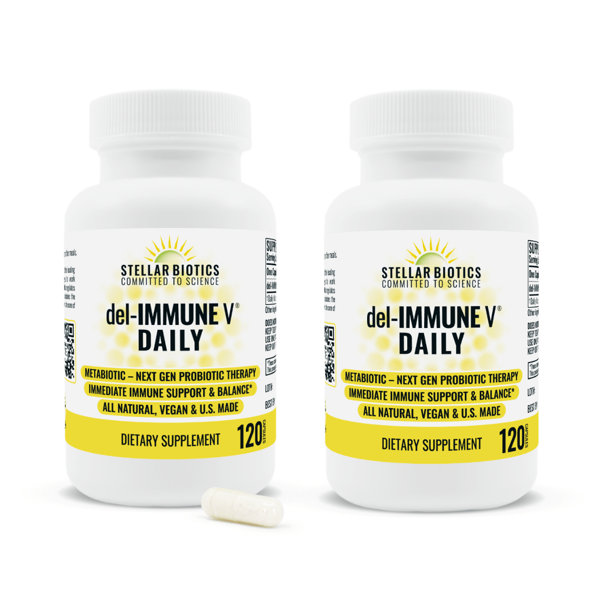 Maintain bundle contains two 120-capsule bottles of the metabiotic, del-IMMUNE V DAILY